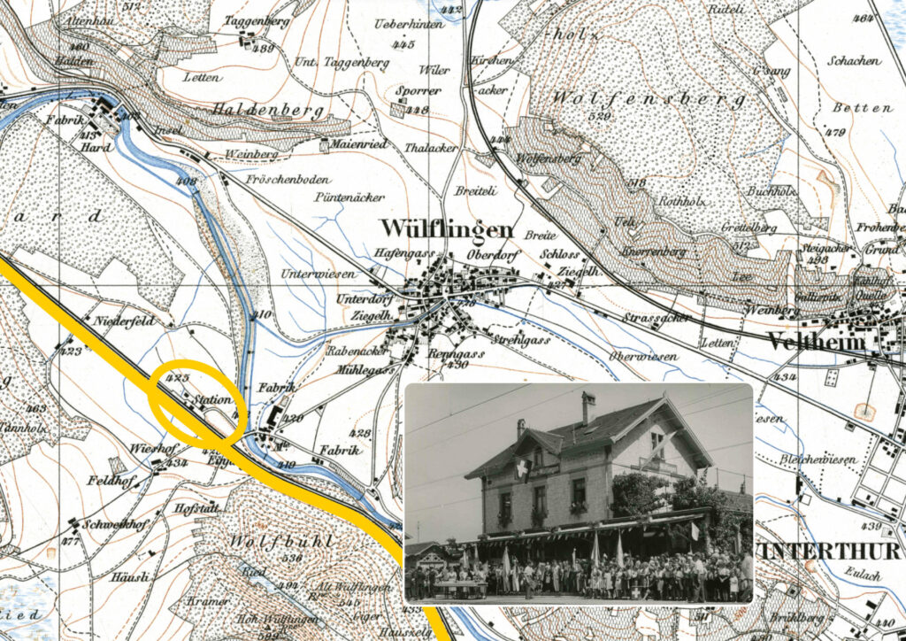 1876:  Bahnhof Wülflingen an der Eisenbahnlinie von Winterthur nach Waldshut.