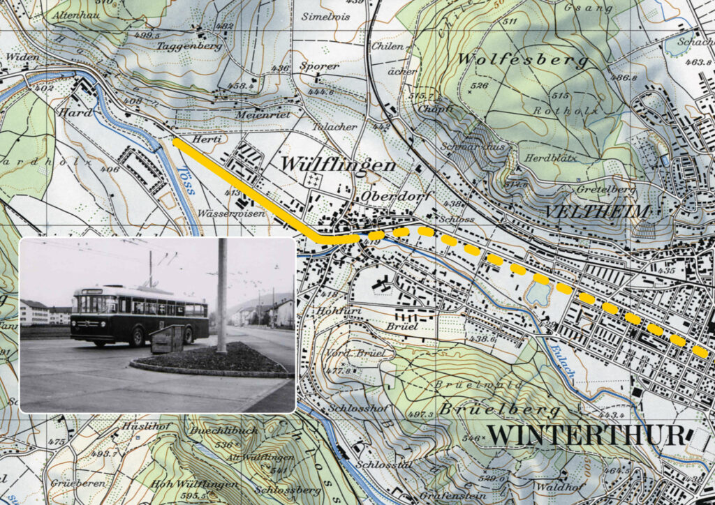 1960: Die Trolleybuslinie wird bis ab dem Lindenplatz zur neuen Endstation «Härti» verlängert